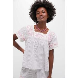 TUCKERNUCK Tan Stripe Embroidered Floral Linen Kali Top Size L NWT